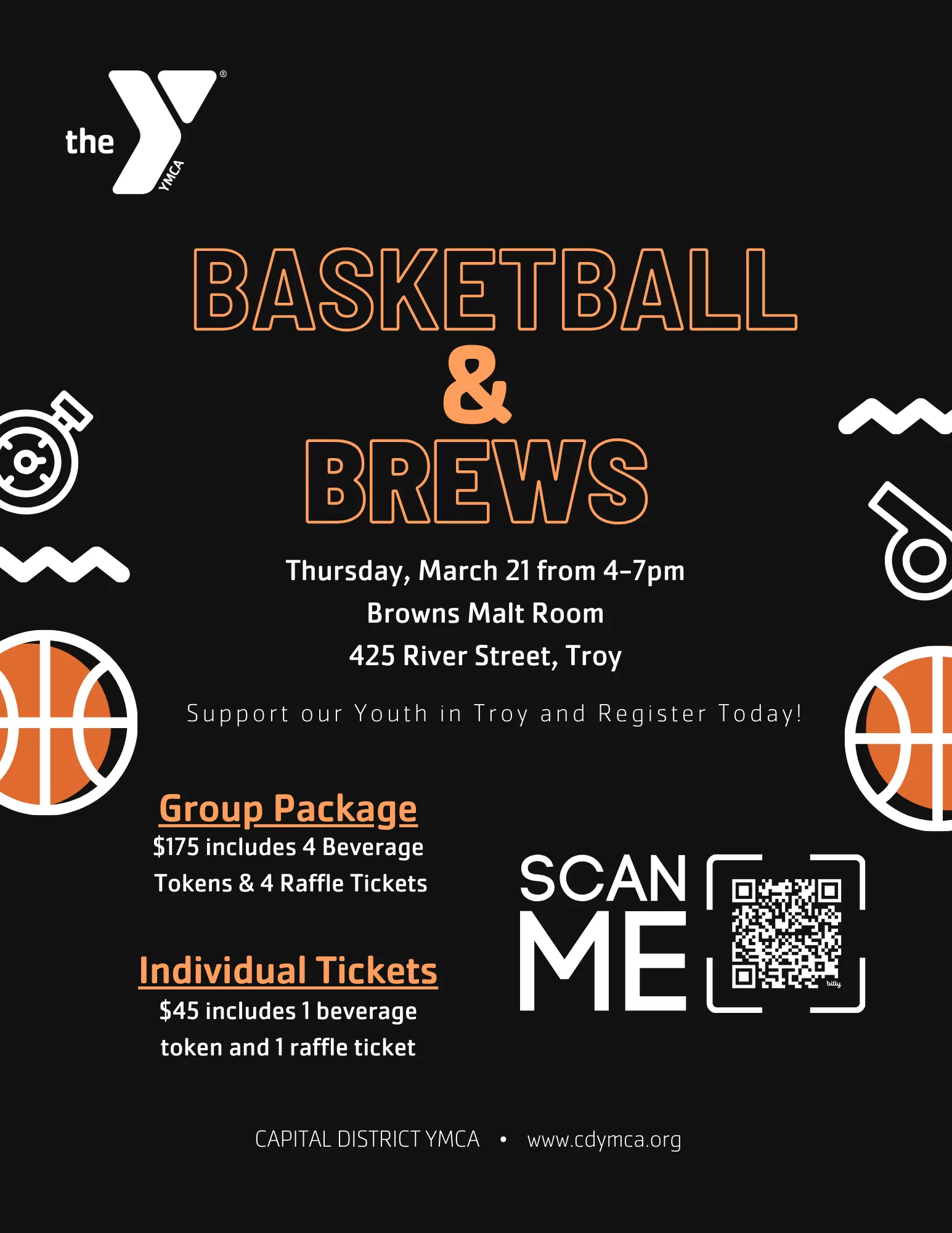 Flyer for basketball and brews event in Troy, NY on Thursday, March 21