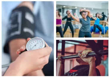 3 photos of dancing, blood pressure, and chin-up