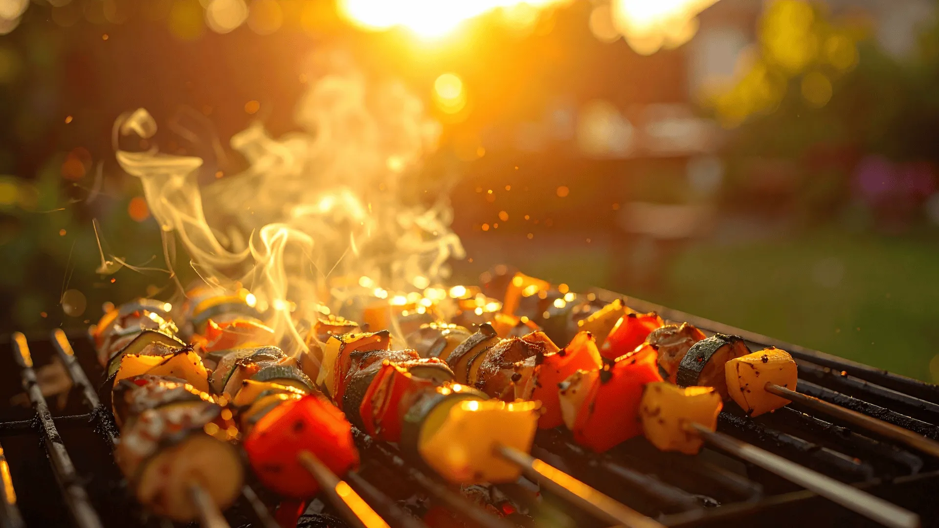 Skewers on a grill with smoke